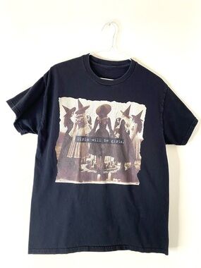 Girls Will Be Girls Witch Circle Graphic Tee Black Crew Neck Occult Vintage